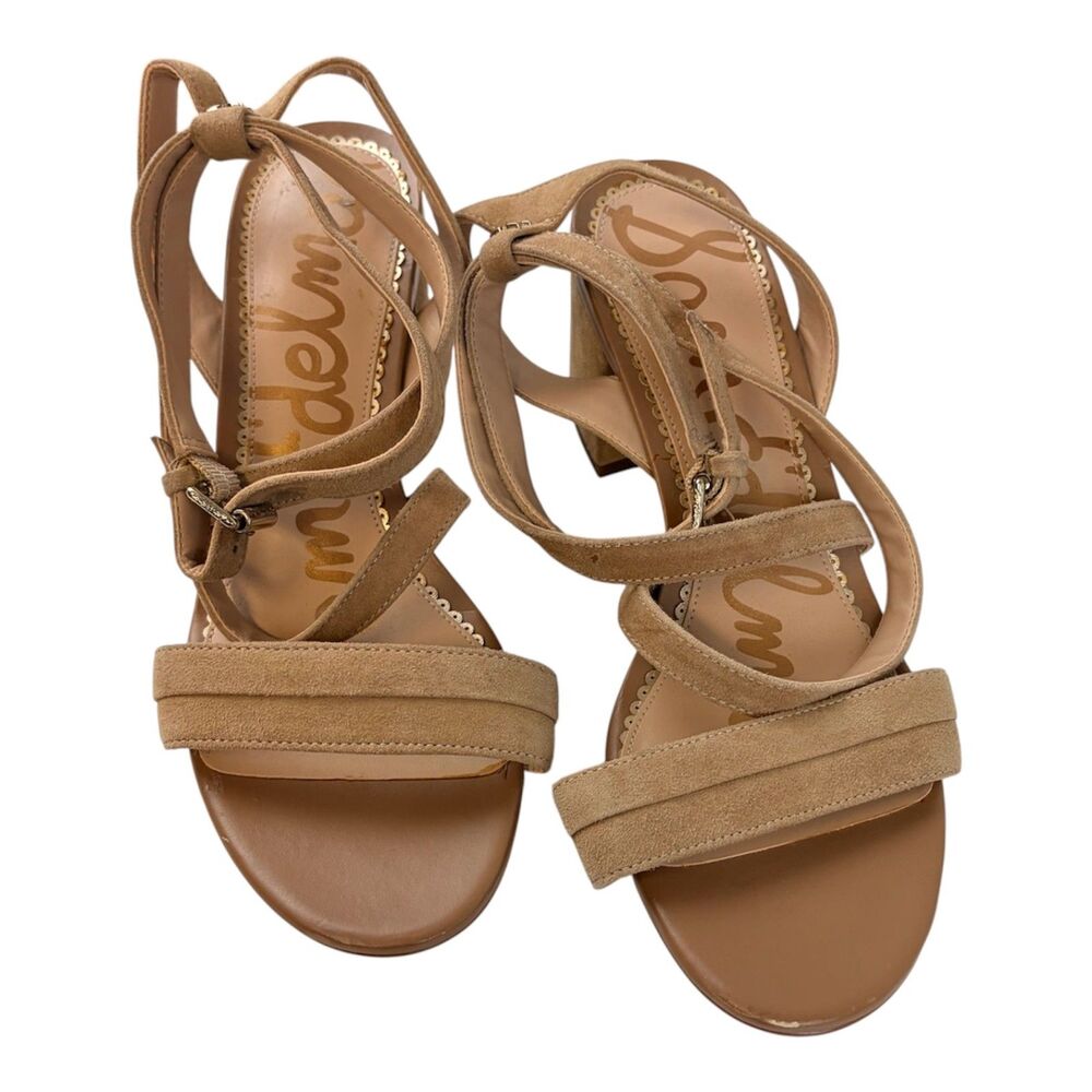 Sam Edelman Sammy Tan Suede Nude Ankle Wrap Strappy Block Heel Sandals Size 8